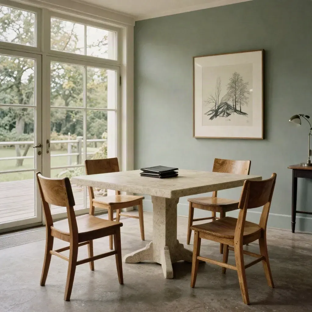 Lege mediationruimte in grachtenpand met stoelen, stenen tafel en diagonaal licht.