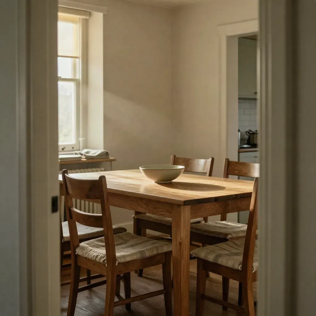 Rustige eethoek met drie stoelen, fruitschaal en plaid in warm middaglicht.